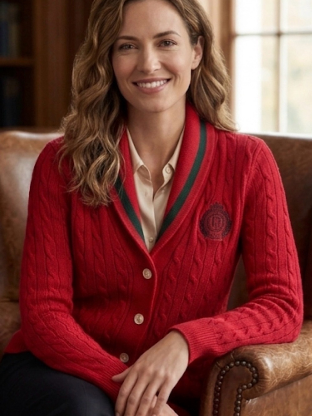 Ralph Lauren Red Cable-Knit Shawl Collar Cardigan with Green Trim